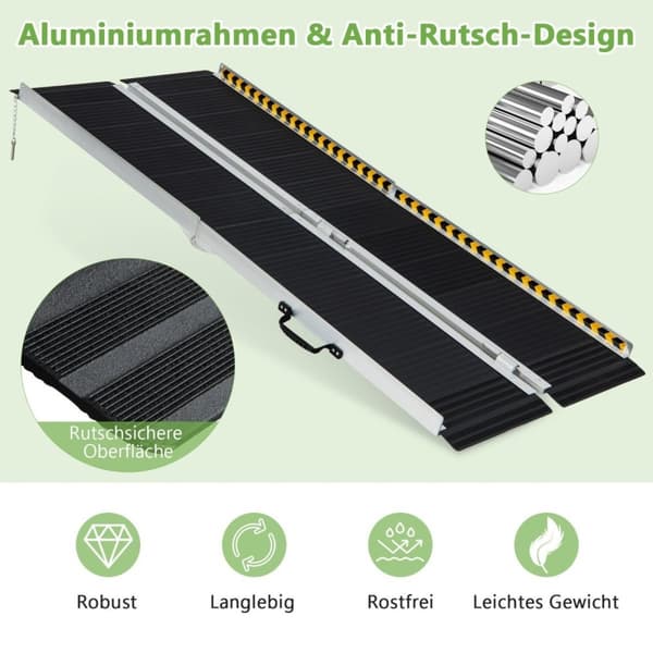 183 x 74 cm rullestolrampe Bærbar og anti-skli sammenleggbar rampe opp til 272 kg last aluminium