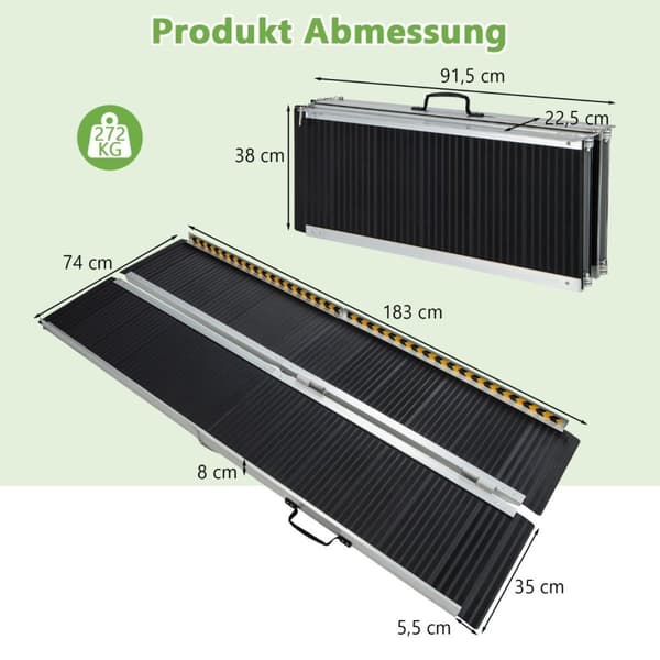 183 x 74 cm rullestolrampe Bærbar og anti-skli sammenleggbar rampe opp til 272 kg last aluminium