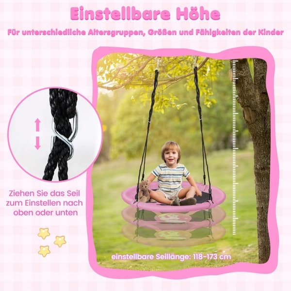 Diameter 100 cm redegynge med justerbare reb, hængegynge, børnegynge, rund gynge, pink