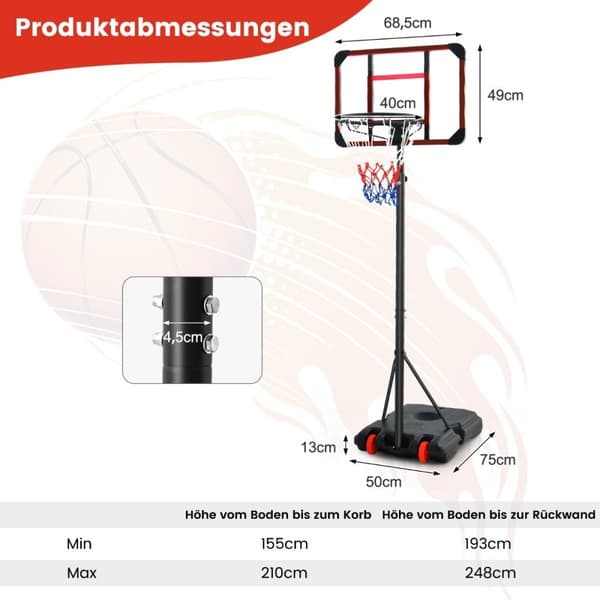 Udendørs basketball bøjle med stativ 155-210cm højdejusterbar basketball stativ sort