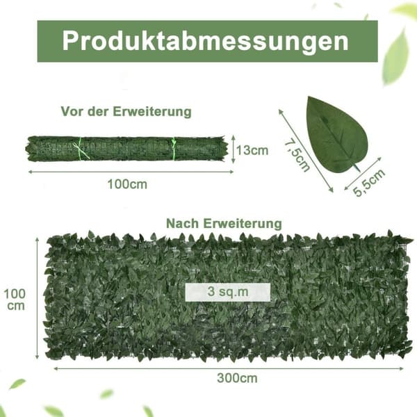 300 x 100 cm kunstig plante væg efeu blade privat skærm hæk plante vindbeskyttelse