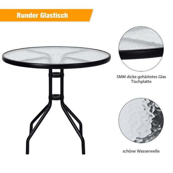 Havebord med hærdet glas bordplade & paraplyhul & metalramme terrassebord