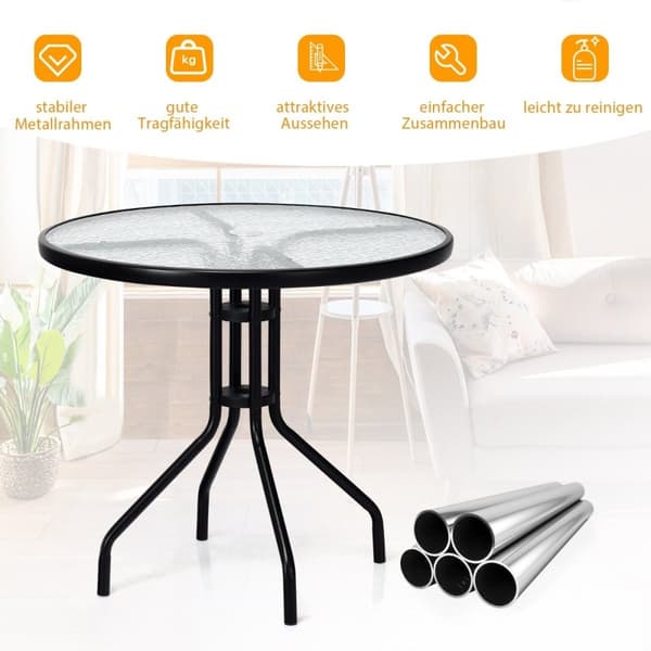 Havebord med hærdet glas bordplade & paraplyhul & metalramme terrassebord