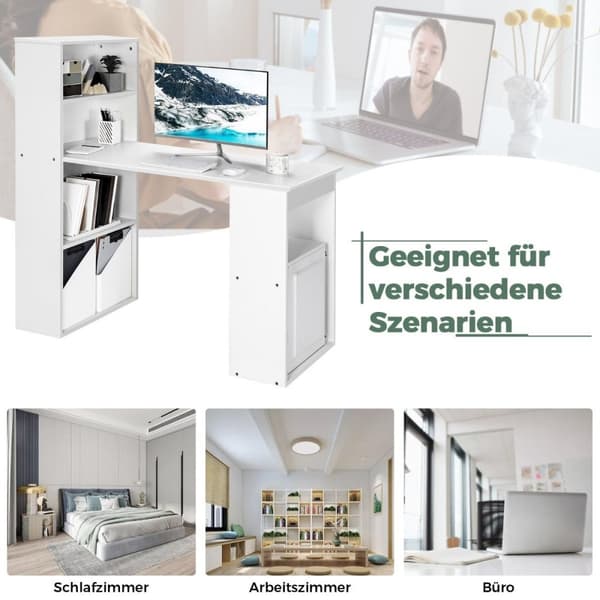 Skrivebord med bogreol Computerbord med 6 hylder PC bord med hylde Kontorbord hvid
