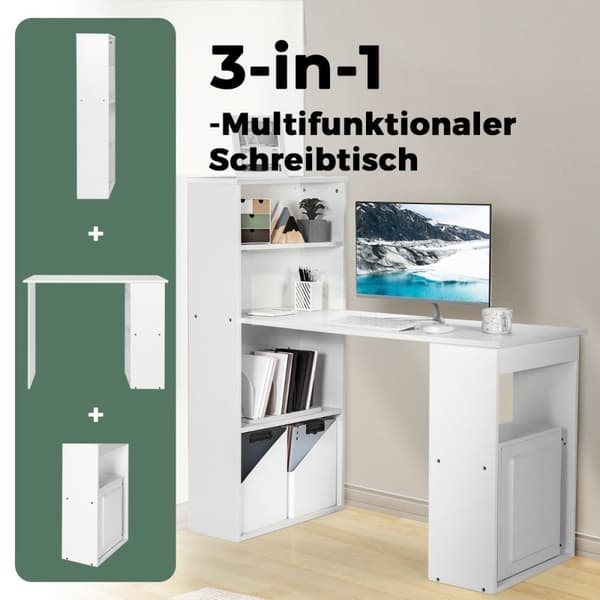Skrivebord med bogreol Computerbord med 6 hylder PC bord med hylde Kontorbord hvid