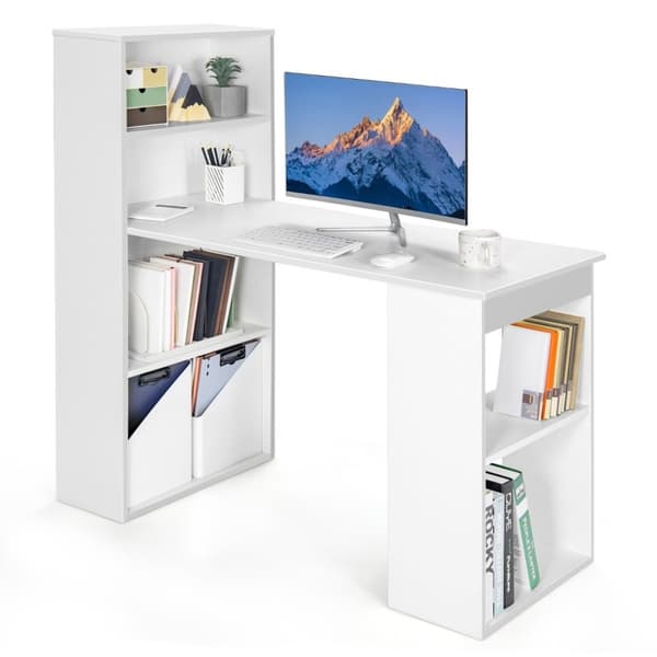 Skrivebord med bogreol Computerbord med 6 hylder PC bord med hylde Kontorbord hvid
