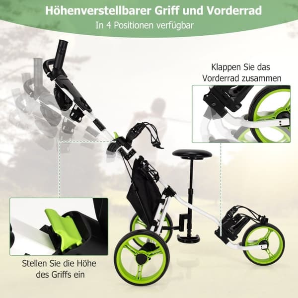 3 hjuls golfvogn laget av aluminium med paraplyholder og sete sammenleggbar golfbil golf caddy green