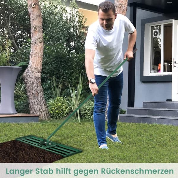 Utjevningsrive med ergonomisk håndtak, robust plenverktøy, utjevningsrive, overflateutjevner, 106 x 25 cm, grønn