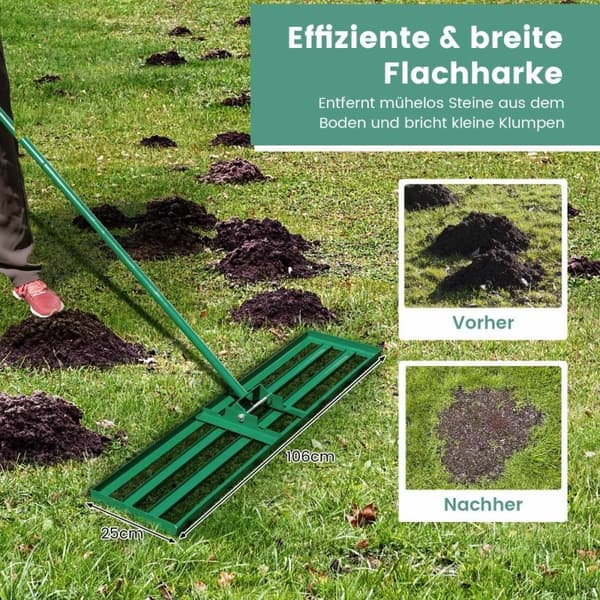 Utjevningsrive med ergonomisk håndtak, robust plenverktøy, utjevningsrive, overflateutjevner, 106 x 25 cm, grønn