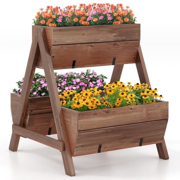 Vertikalt høybed med 2 plan og 3 plantekasser og dreneringshull blomsterbed 66 x 73 x 73 cm brun