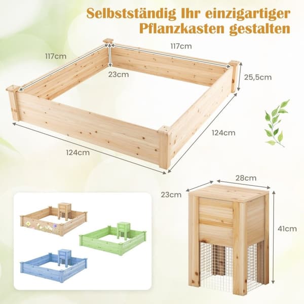 Højbed med kompostbeholder træhaveseng 300 L kapacitet plantekasse 124 x 124 x 25,5 cm