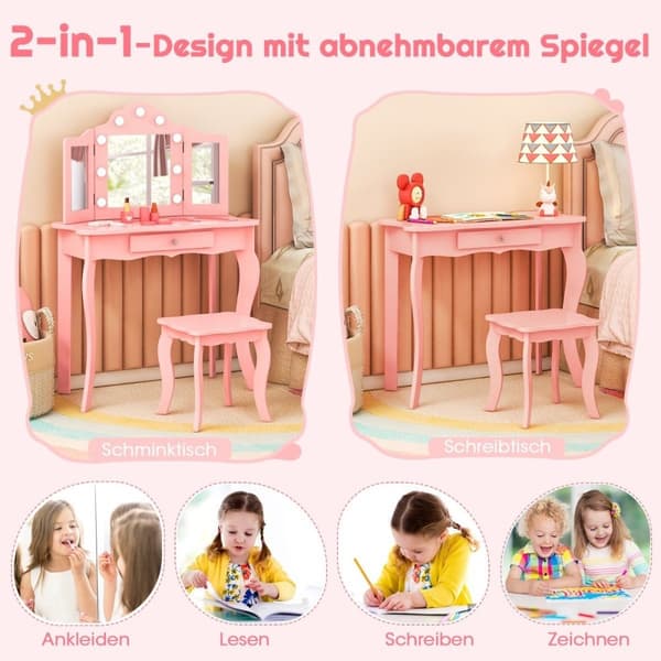 2 i 1 toiletbord til børn med LED-lys & foldespejl & skuffer Pink