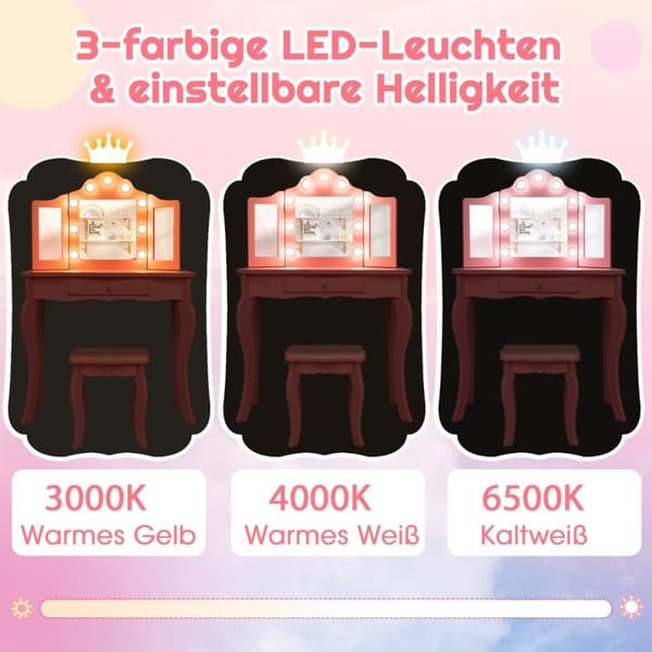 2 i 1 toiletbord til børn med LED-lys & foldespejl & skuffer Pink