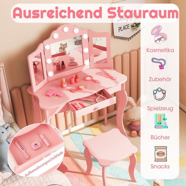 2 i 1 toiletbord til børn med LED-lys & foldespejl & skuffer Pink