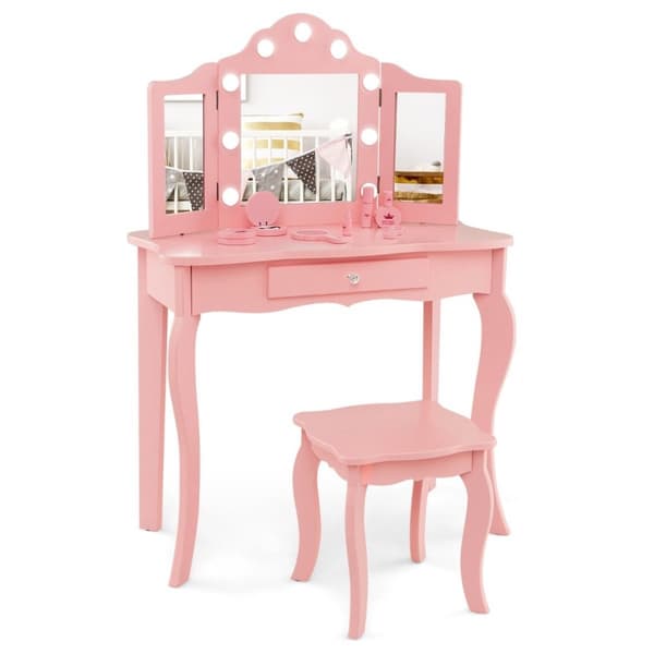 2 i 1 toiletbord til børn med LED-lys & foldespejl & skuffer Pink