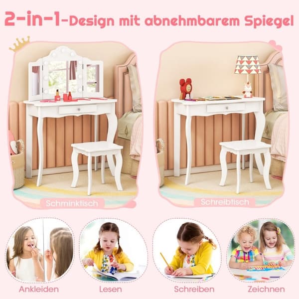 2 i 1 toalettbord for barn med LED-lys & sammenleggbart speil & skuffer hvit