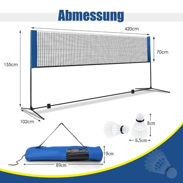 Badmintonnett med stativ, fjerballnett høydejusterbar med 2 fjerboller og bæreveske 420 x 102 x 89-155 cm