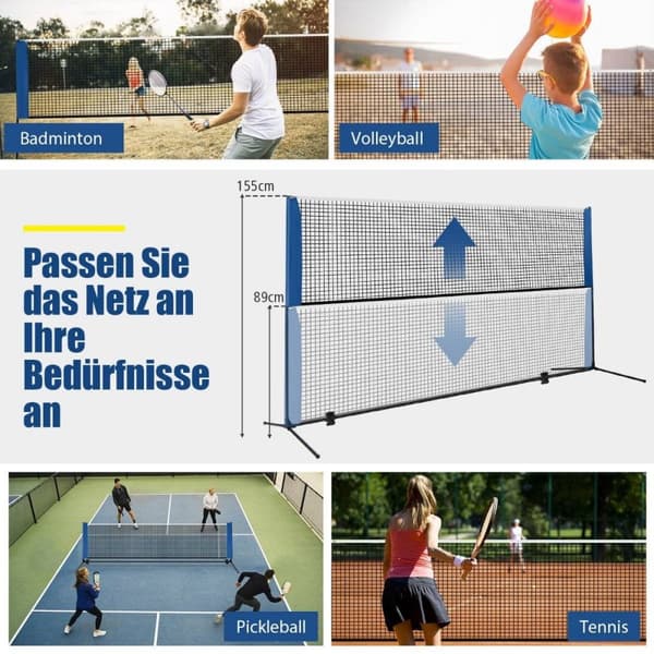 Badmintonnett med stativ, fjerballnett høydejusterbar med 2 fjerboller og bæreveske 420 x 102 x 89-155 cm