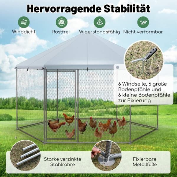 Hønsehus i metall med netting og låsbar dør og vanntett deksel