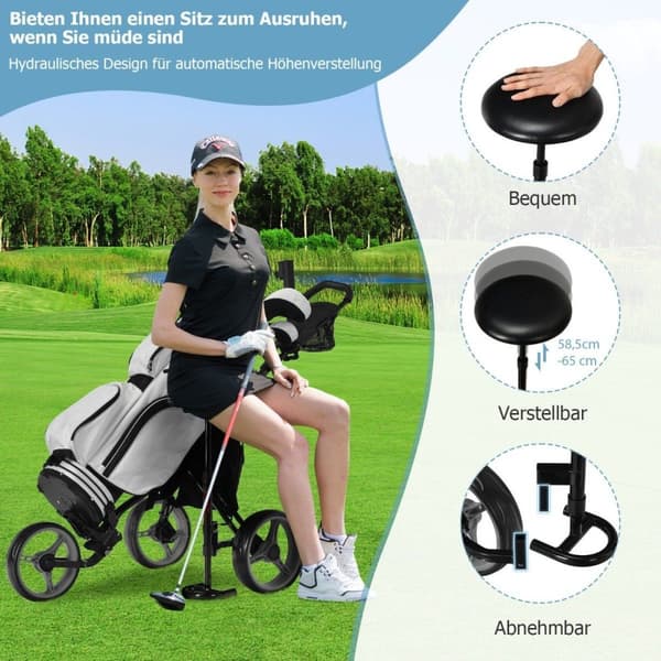 3 hjuls golfvogn laget av aluminium med paraplyholder og sete sammenleggbar golfvogn golf caddy grå