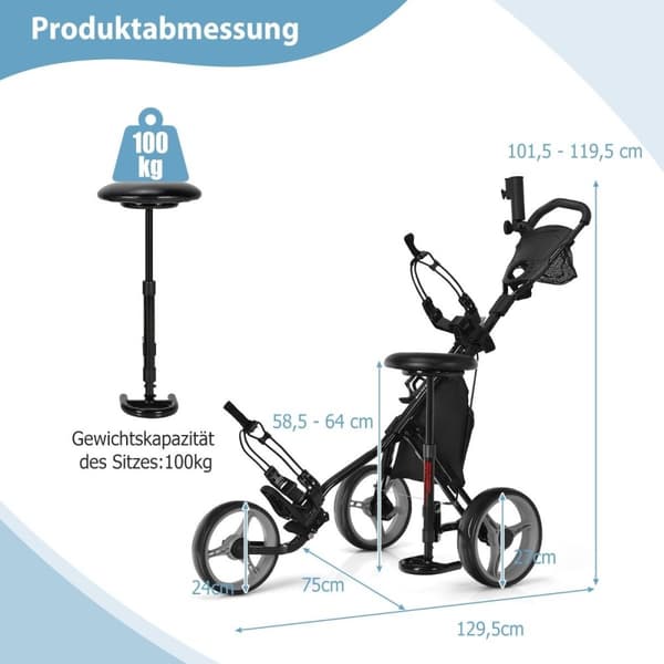 3 hjuls golfvogn laget av aluminium med paraplyholder og sete sammenleggbar golfvogn golf caddy grå