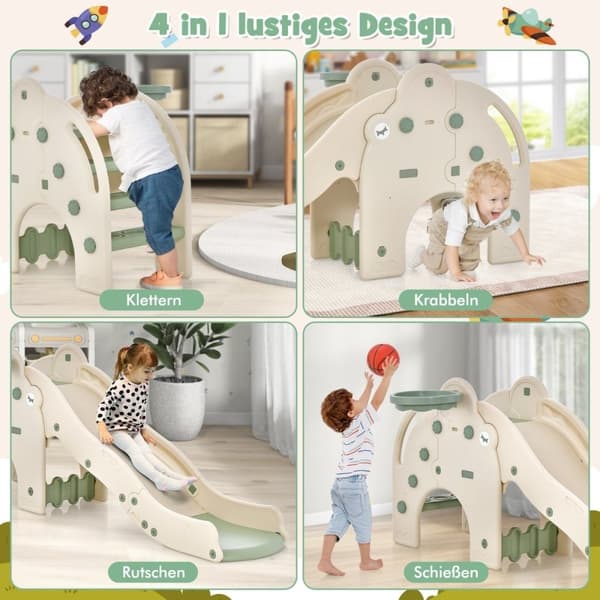 Slide Outdoor 4 in 1 rutschkana för barn & tunnel & basketbåge & stege 187,5 x 75 x 77,5 cm Grön