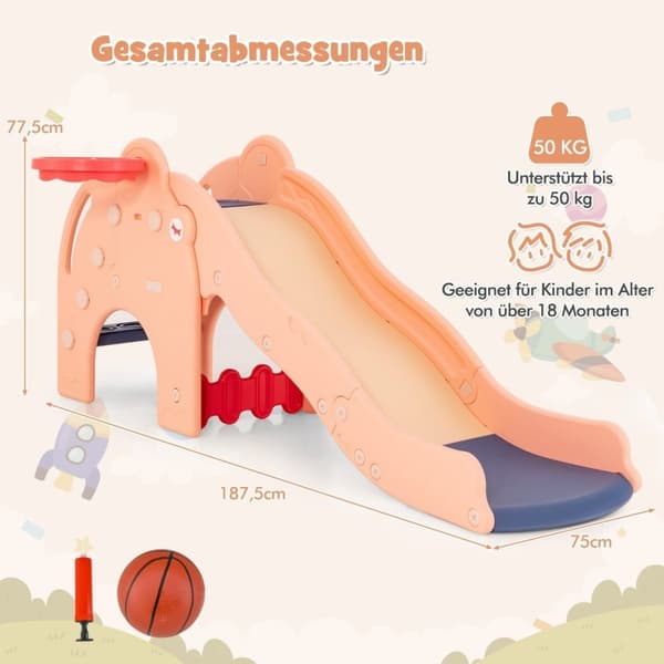 Slide Outdoor 4 in 1 Lasten liukumäki ja tunneli sekä koripallovanne ja tikkaat 187,5 x 75 x 77,5 cm Pinkki