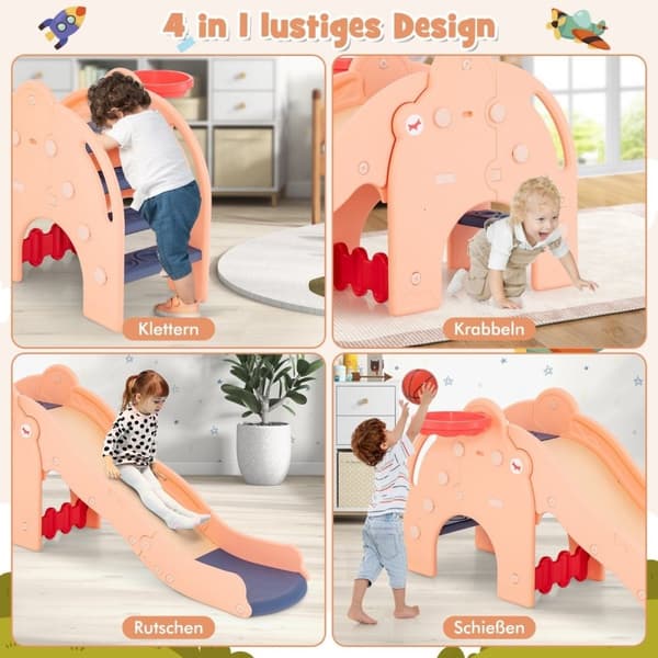 Slide Outdoor 4 in 1 Lasten liukumäki ja tunneli sekä koripallovanne ja tikkaat 187,5 x 75 x 77,5 cm Pinkki