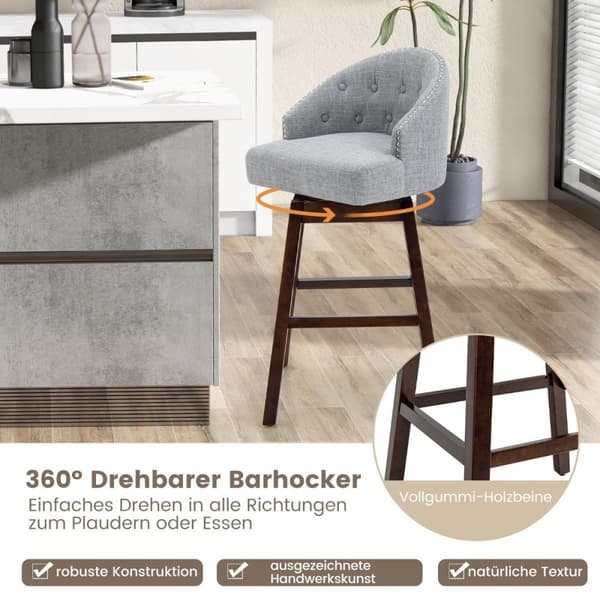 Barstol set om 2, barstol, 360° vridbar, kökspall med ryggstöd och fotstöd, 55 x 53 x 105 cm, grå + brun