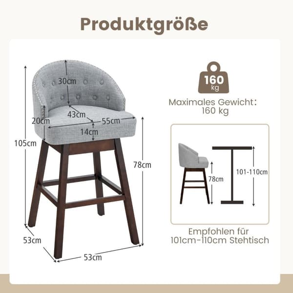Barstol set om 2, barstol, 360° vridbar, kökspall med ryggstöd och fotstöd, 55 x 53 x 105 cm, grå + brun