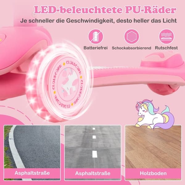 Sammenfoldelig børnescooter med PU LED hjul og bagbremse, højdejusterbar scooter, pink