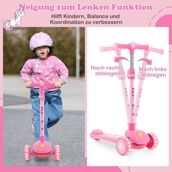 Sammenfoldelig børnescooter med PU LED hjul og bagbremse, højdejusterbar scooter, pink