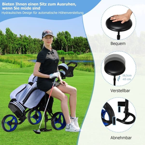 3 hjuls golfvogn laget av aluminium med paraplyholder og sete sammenleggbar golfvogn golf caddy blå