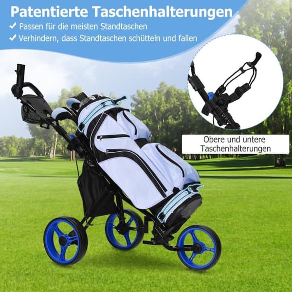 3 hjuls golfvogn laget av aluminium med paraplyholder og sete sammenleggbar golfvogn golf caddy blå