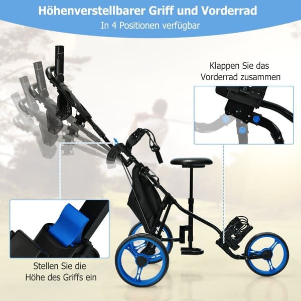3 hjuls golfvogn laget av aluminium med paraplyholder og sete sammenleggbar golfvogn golf caddy blå