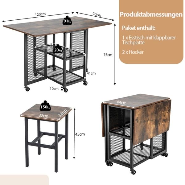 3 stk Sammenklappeligt spisebordssæt Udtrækkeligt spisebord med 2 taburetter og 2 mesh opbevaringshylder