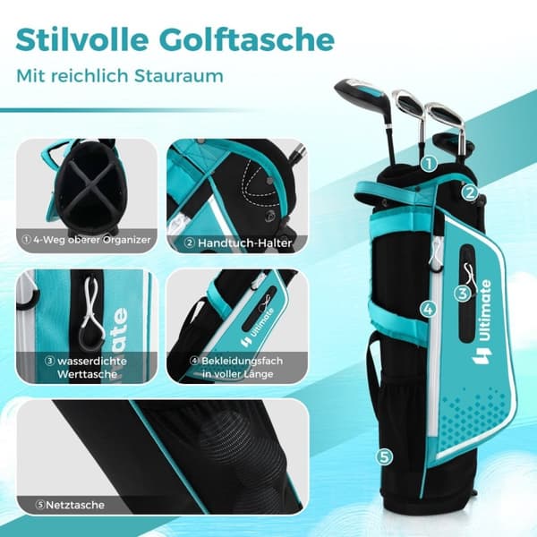 4-osainen lasten golfmailasetti golfpussilla ja sadesuojalla 5-7-vuotiaille lapsille sininen