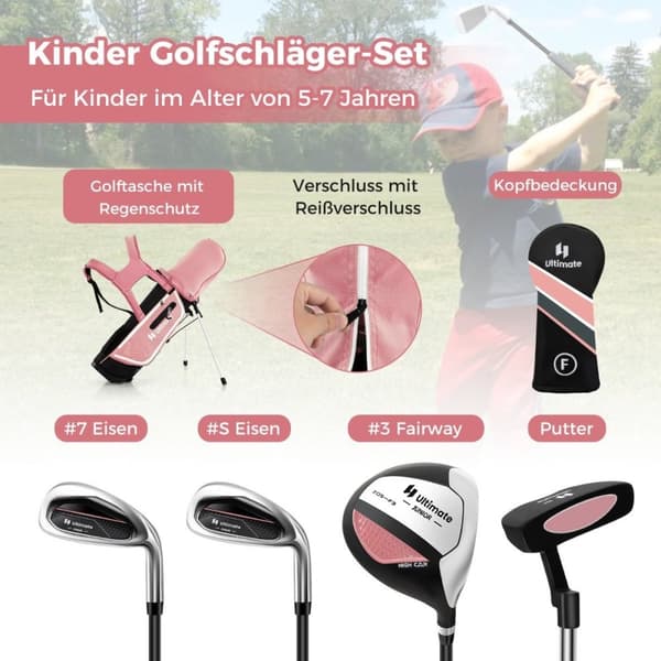4-delt børnegolfkøllesæt med golftaske og regnslag til børn i alderen 5-7 år, pink