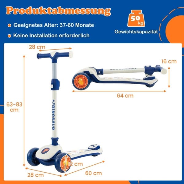 Sammenleggbar barnescooter med PU LED-hjul og bakbrems, høydejusterbar sparkesykkel, hvit