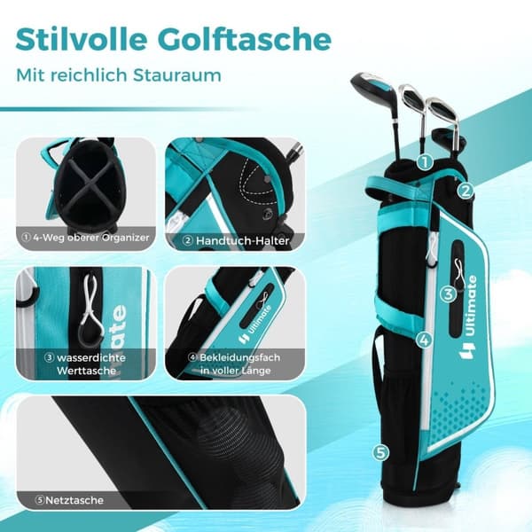 4-delt børnegolfkøllesæt med golftaske og regnslag til børn i alderen 8-10 år blå