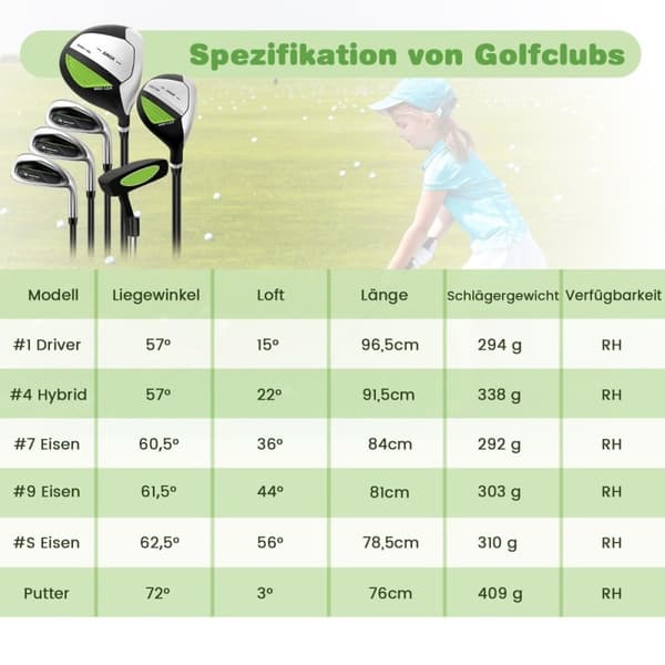 6-delt børnegolfkøllesæt med golftaske og regnslag til børn i alderen 11-13 år green