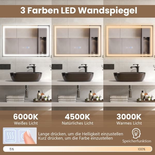 Badrumsspegel med anti-im klocka touch-omkopplare & minnesfunktion spegelvärme LED-spegel dimbar 3000K-6000K 75 x 50 cm