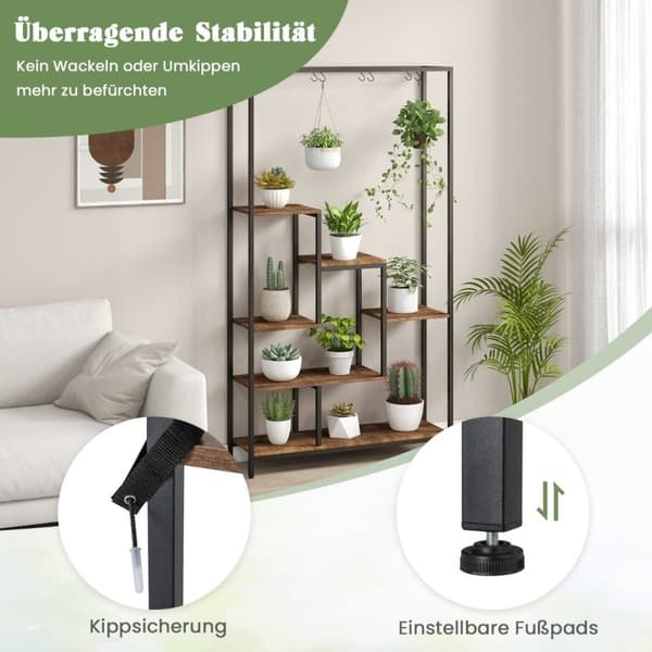 Kasviteline 6 kerrosta 180 cm kasvihylly metallia 10 S-koukulla musta + rustiikki ruskea