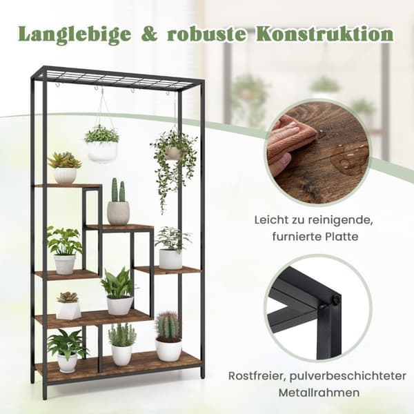 Kasviteline 6 kerrosta 180 cm kasvihylly metallia 10 S-koukulla musta + rustiikki ruskea