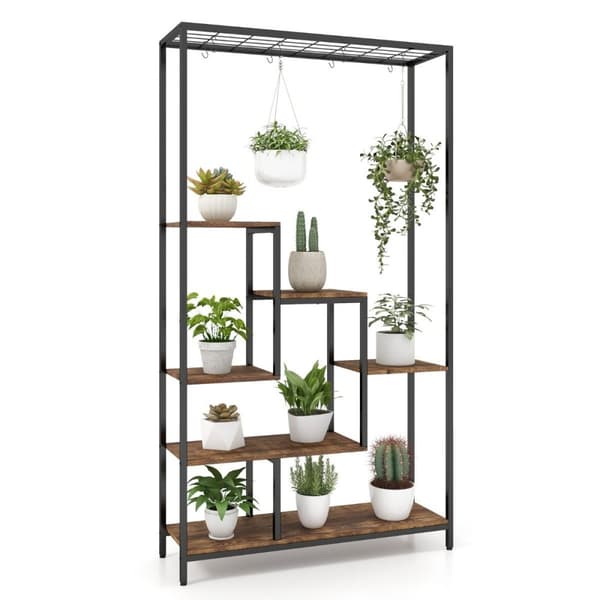 Plantestativ 6 etager 180 cm plantehylde metal med 10 S-kroge sort + rustik brun