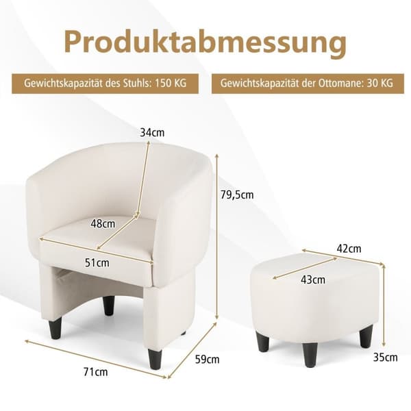 Fåtölj med fotpall, stoppad sammetsfåtölj, klubbfåtölj, massivt trä, beige