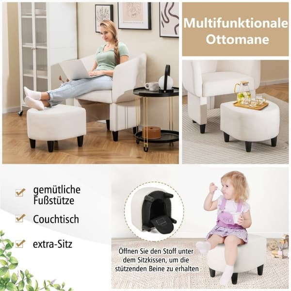Fåtölj med fotpall, stoppad sammetsfåtölj, klubbfåtölj, massivt trä, beige