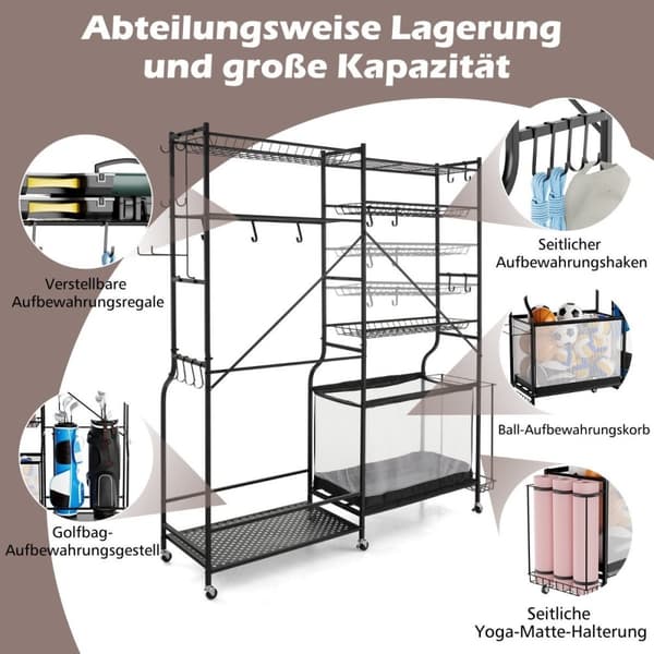 Garage Organizer för sportutrustning med 5 justerbara hyllor & bollkorg & sidokrokar Svart
