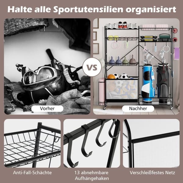 Garage Organizer för sportutrustning med 5 justerbara hyllor & bollkorg & sidokrokar Svart