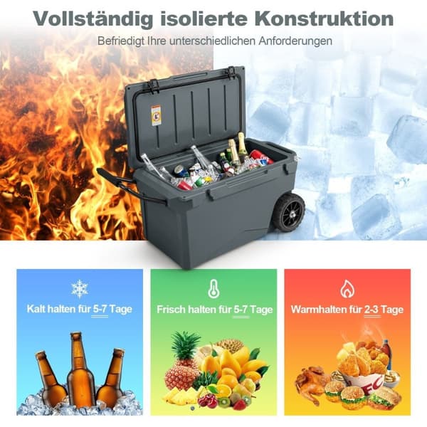 71L isolerad låda med flasköppnare & handtag & hjul Bärbar kylbox värmebehållare grå